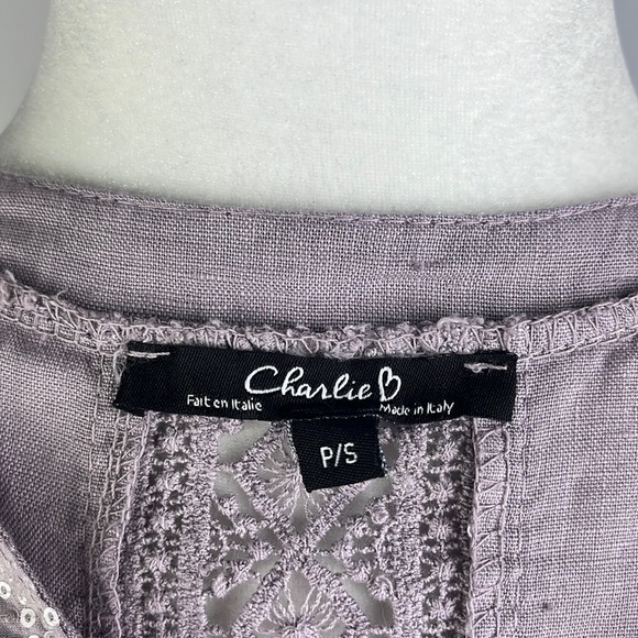 Charlie B Lavender Linen Sequin Button Front Lace Blouse Top Italy Size S - Picture 10 of 12